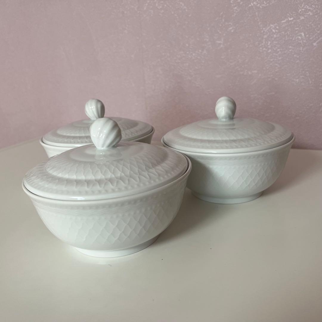 ◆廃番希少◆ロイヤルコペンハーゲン◆ホワイトパルメッテ◆蓋付きボウル3セット◆