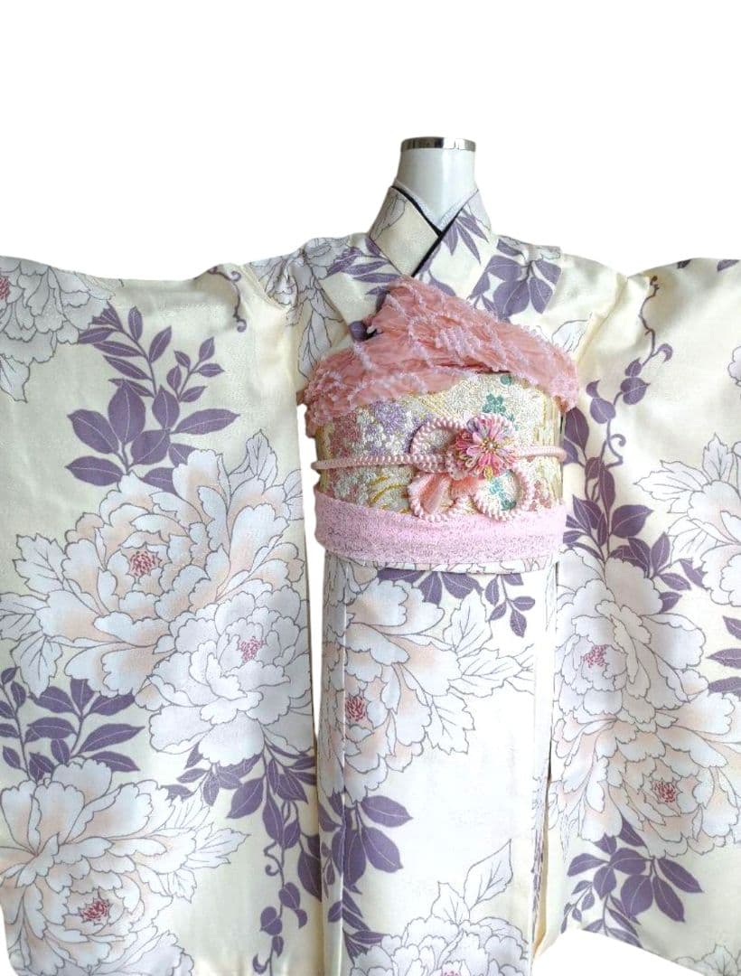 ブランド新品クリーム色に大きな牡丹の花模様☆七五三ハーフ成人式フルセット