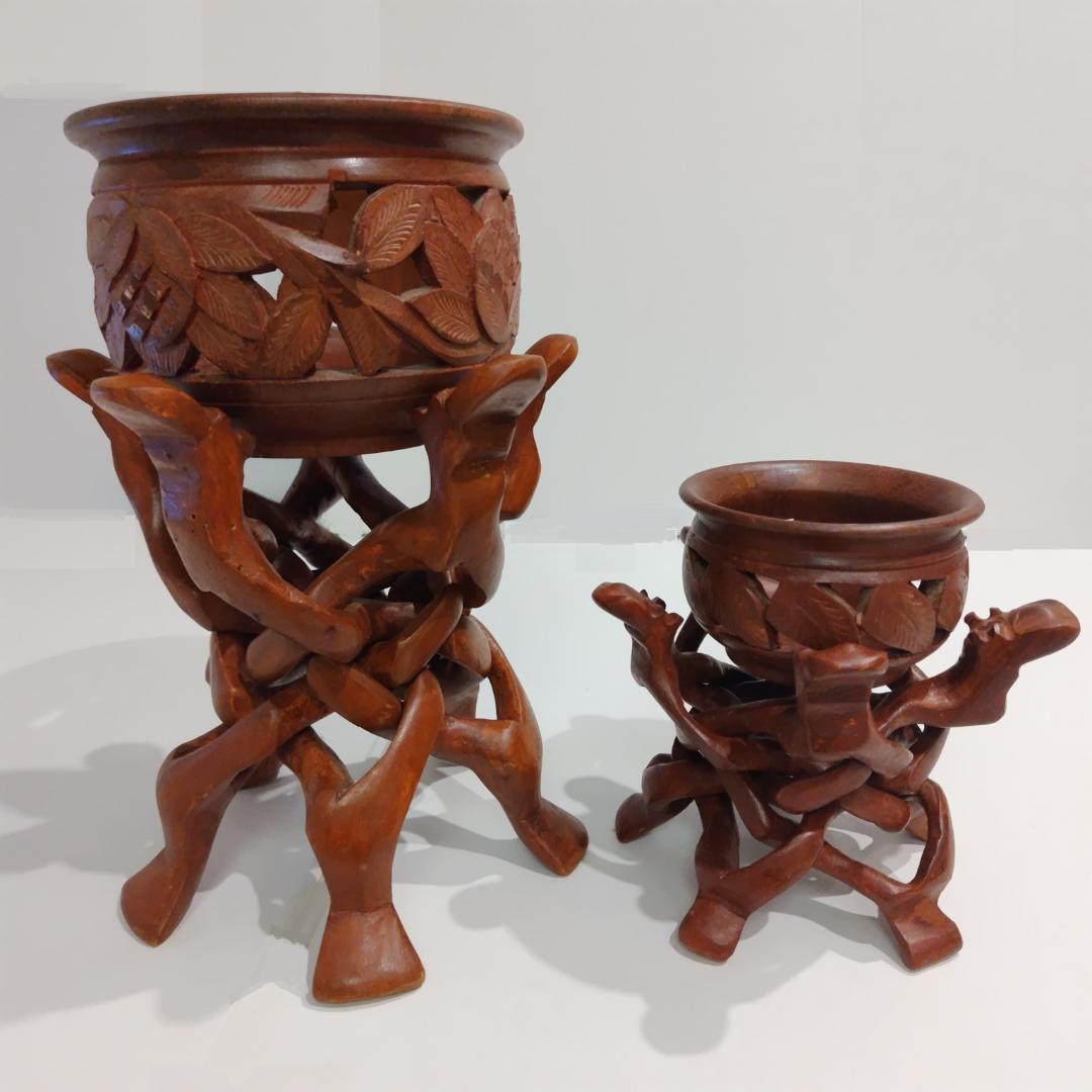 東南アジア 工芸品 鉢置き 大小セット 木工品 玄関 インテリア 置き物
