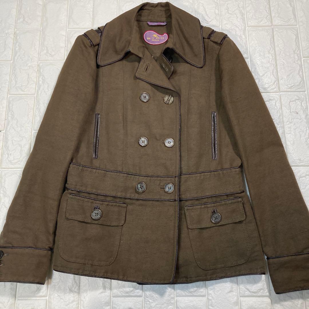 【極美品】ETRO ミリタリージャケット　レザーパイピング　イタリア製　麻混