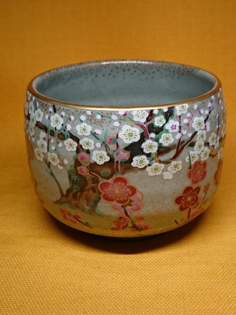 【美品】茶碗　金彩　紅白梅　茶道具　置物　インテリア　工芸品　美術品　A1448