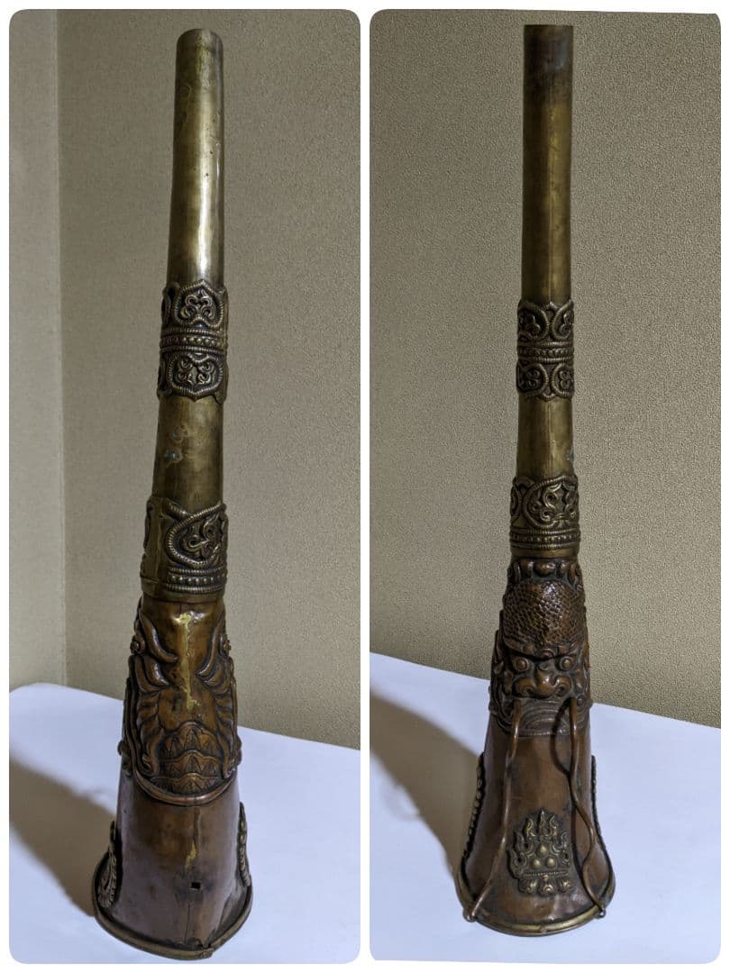♦中国 清時代末 古美術 古楽器 唐金 龍文 喇叭 コレクション 骨董品