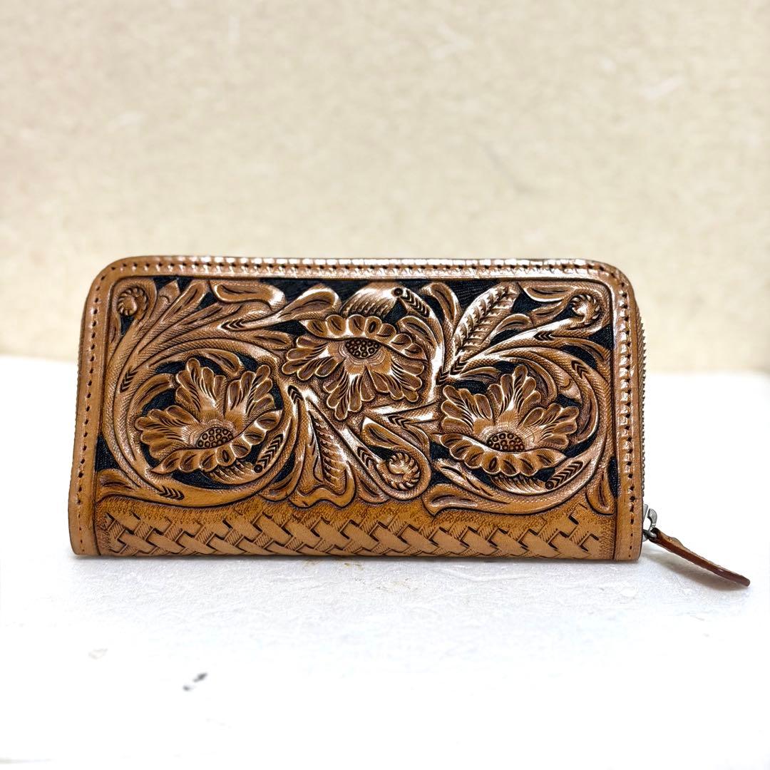 【職人魂】肉厚 カービング長財布 ラウンドファスナー 飴色エイジング