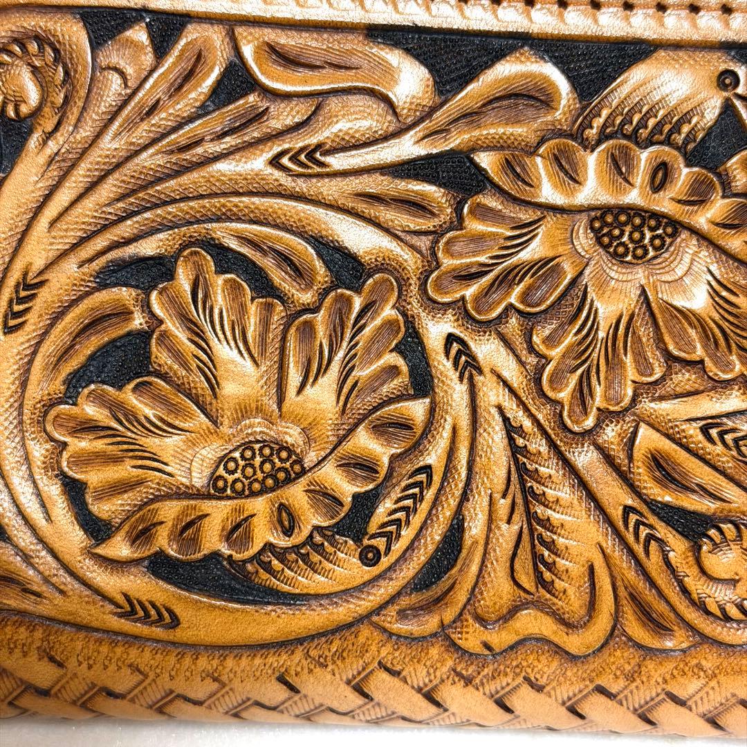 【職人魂】肉厚 カービング長財布 ラウンドファスナー 飴色エイジング