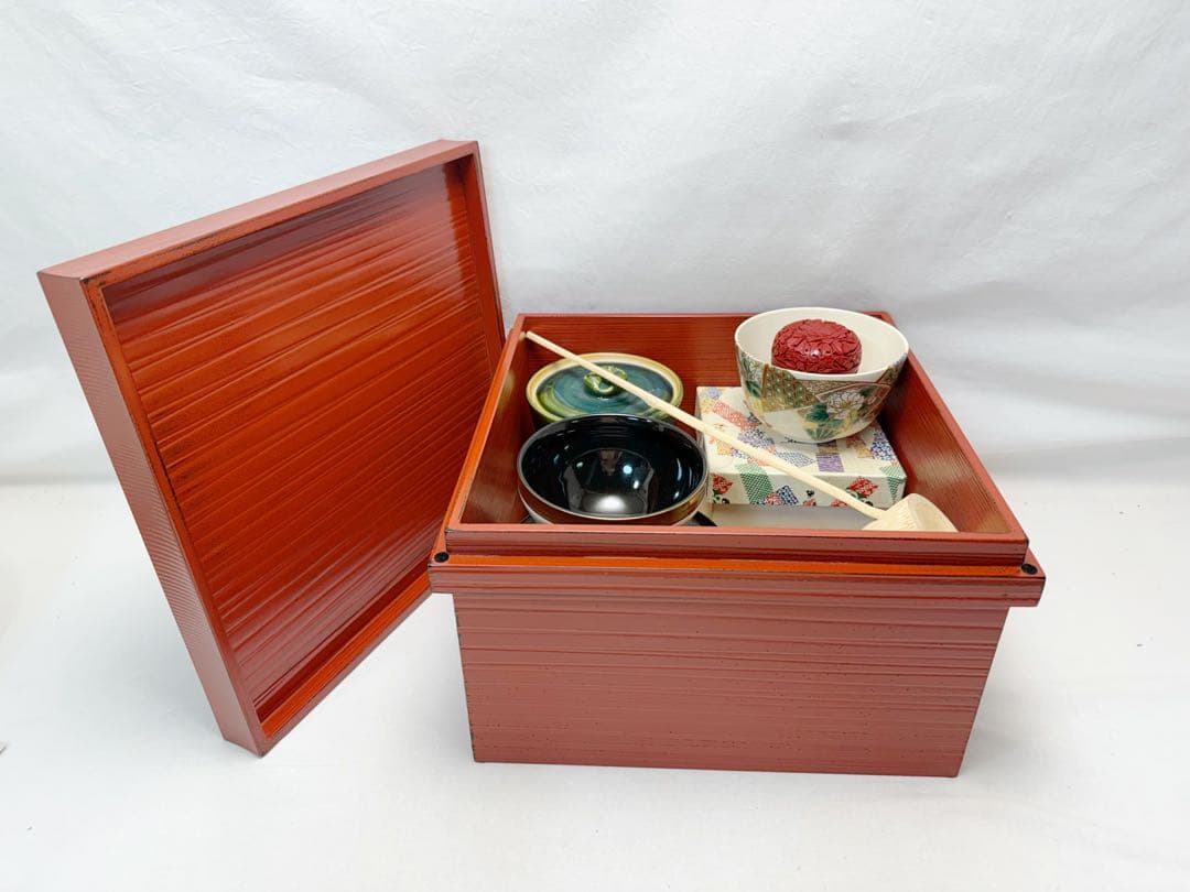 未使用 茶道具 根来塗 茶箱 茶道具一式 十四点セット 茶器入れ 元箱
