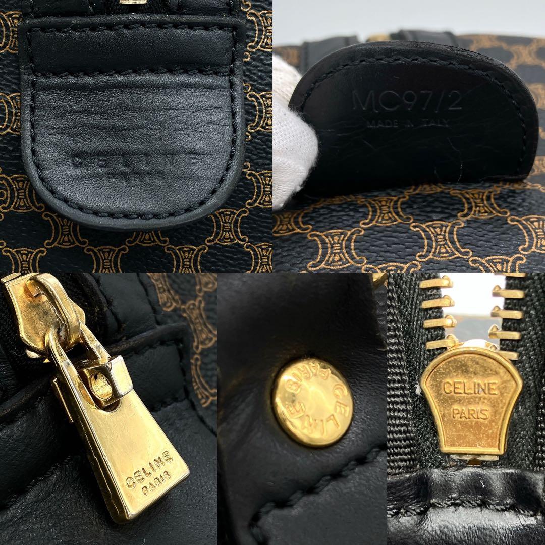 ◯【CELINE】ボストンバッグ　マカダム柄　ゴールド金具　PVC ブラック.
