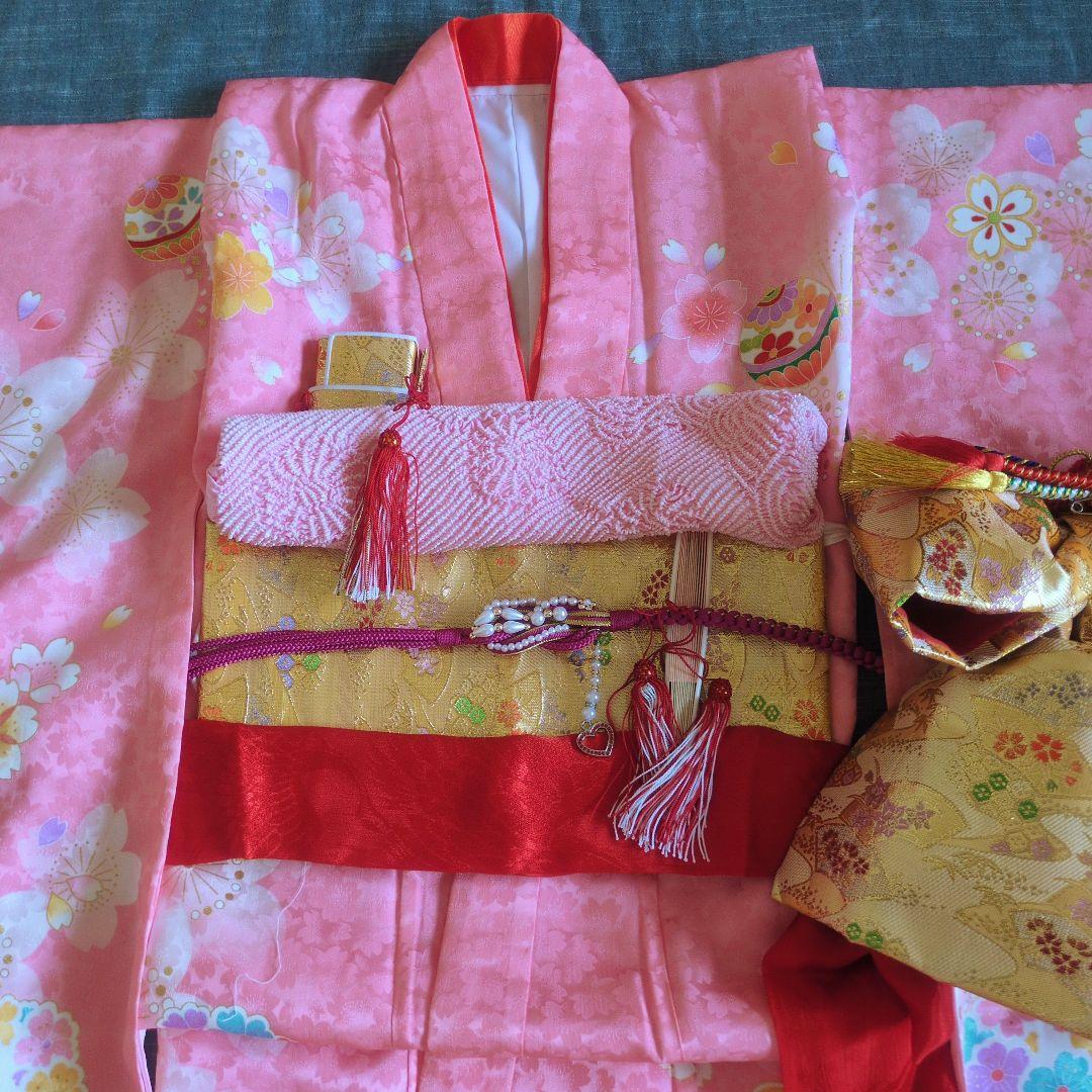 七五三　正絹　着物　ピンク　桜　７歳　フルセット