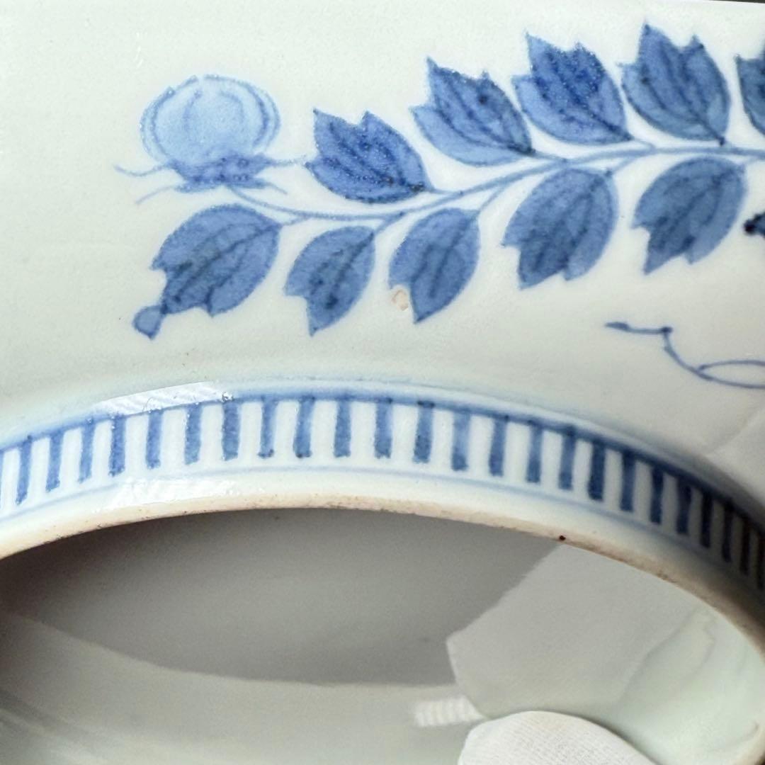 後期鍋島　江戸後期　染付楼閣山水図四方皿　共箱　緻密な絵付け　古美術　蒐集家旧蔵