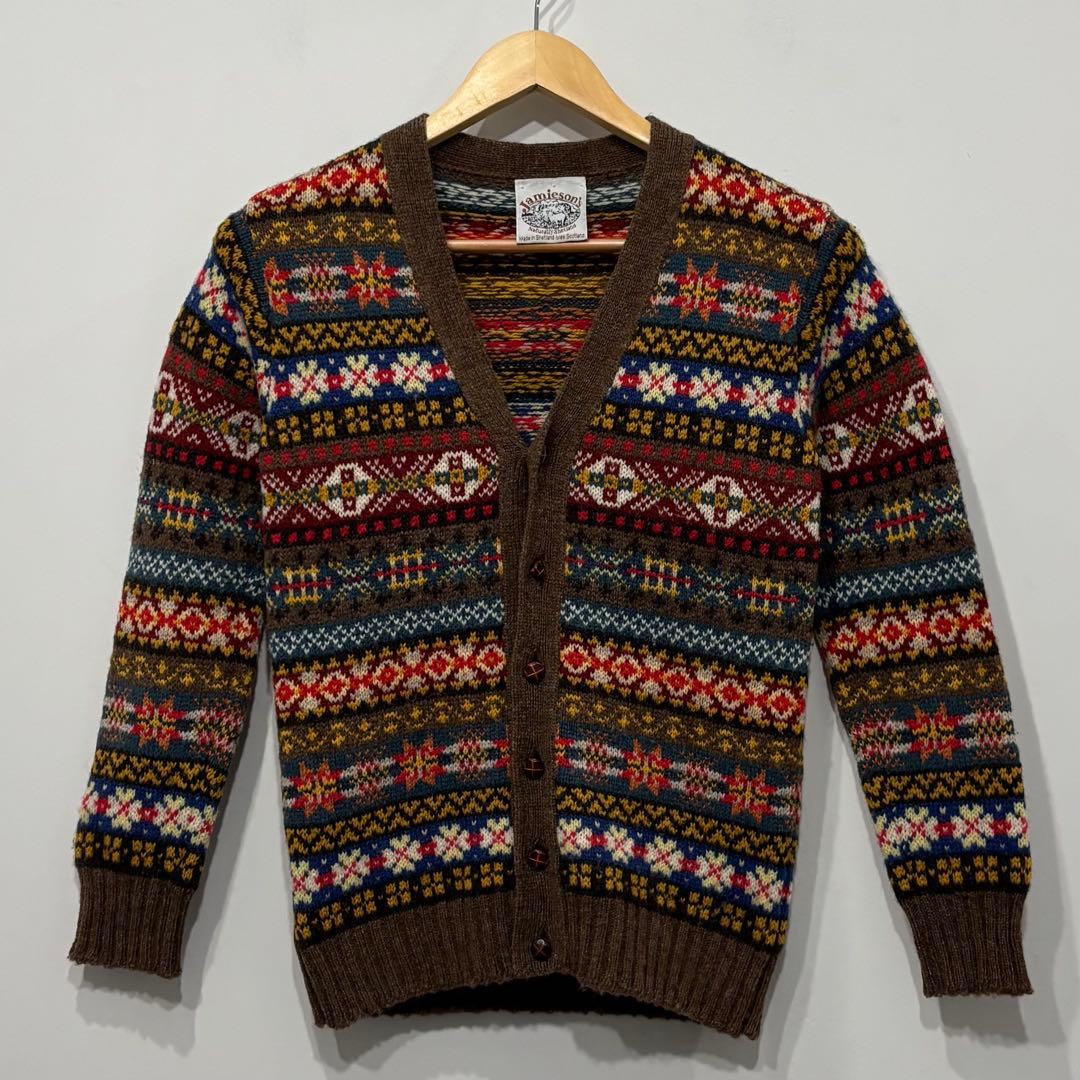 極美品 スコットランド製 ジャミーソンズ フェアアイル 柄 ニット カーディガン