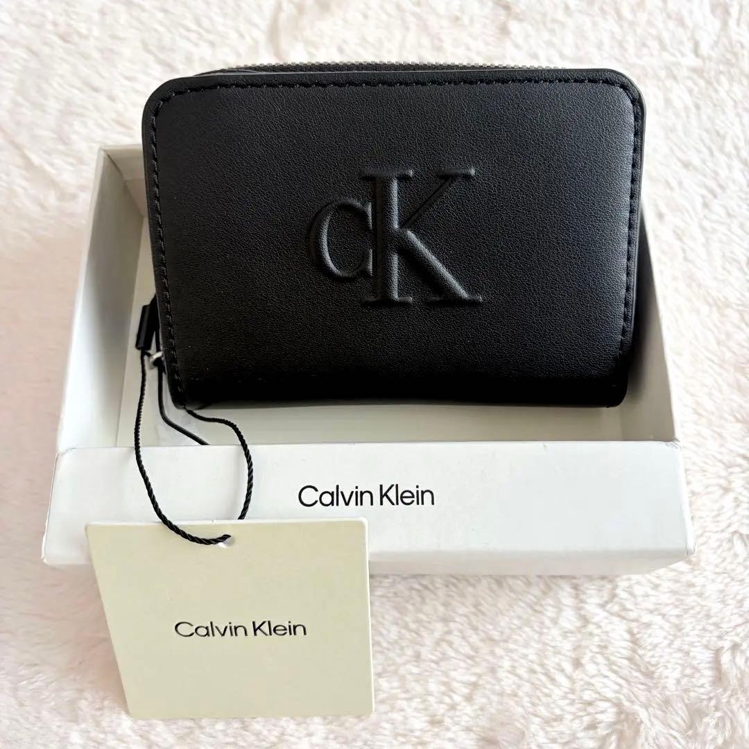 海外限定✨箱付き新品カルバンクライン CKロゴ ラウンドジップ 二つ折り財布 黒