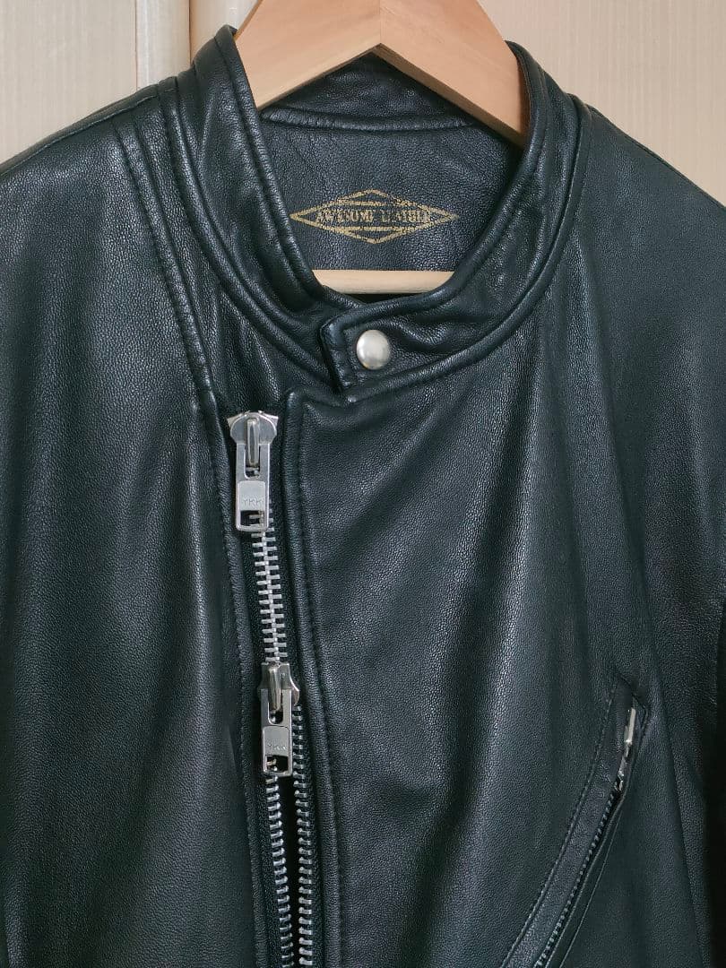本*り様 美品 AWESOME LEATHER スタンドダブルライダースジャケッ
