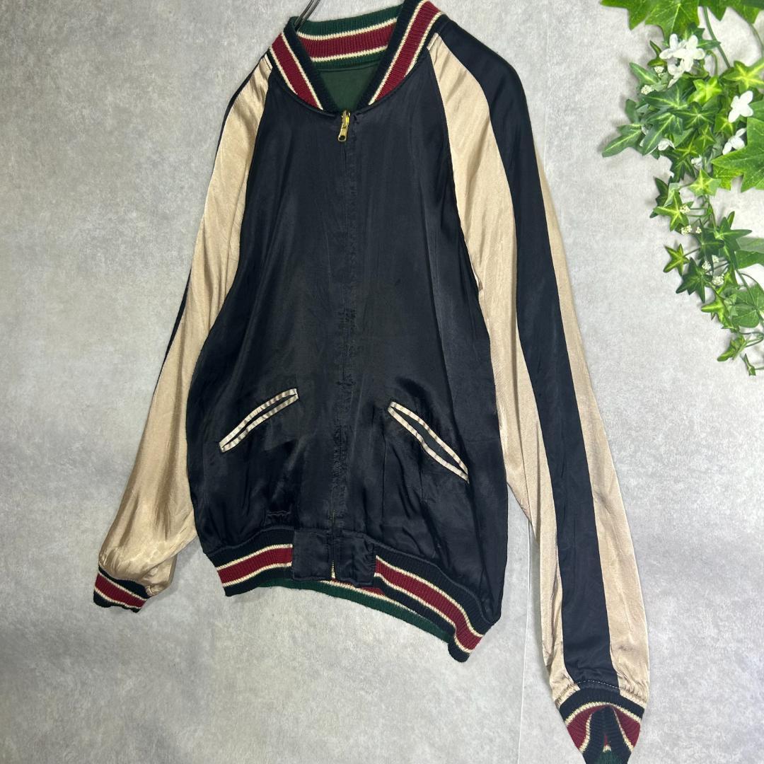 雅結 富士山 龍 鷹 兎 虎　刺繍 和柄 リバーシブル スカジャン　L