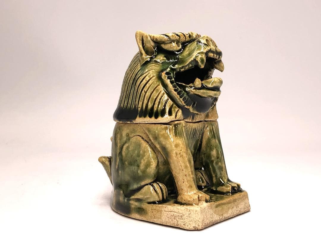 【 織部獅子香炉 】　骨董　漆塗箱付き