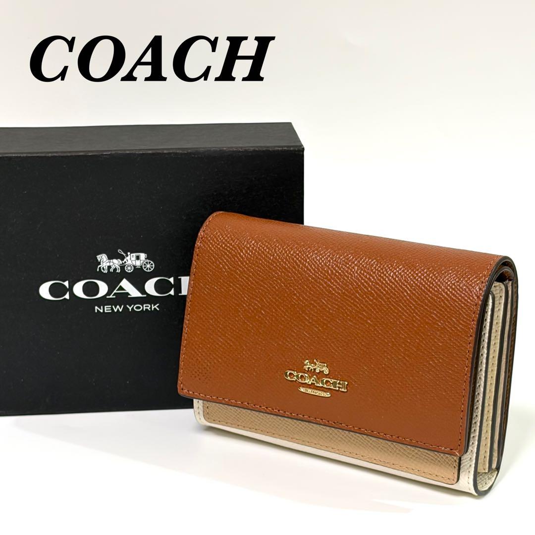 【未使用】COACH コーチ 二つ折り財布 レザー ブラウン マルチカラー
