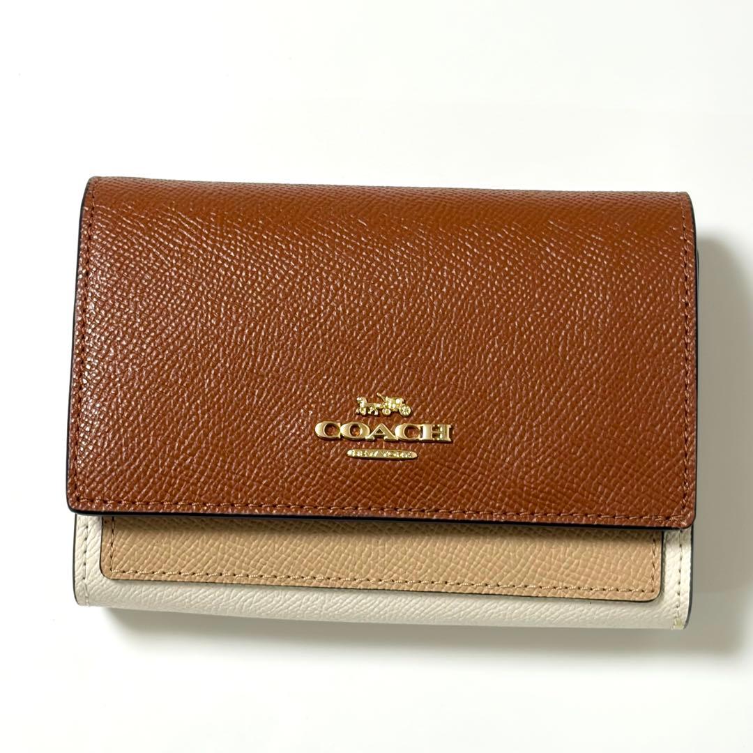 【未使用】COACH コーチ 二つ折り財布 レザー ブラウン マルチカラー