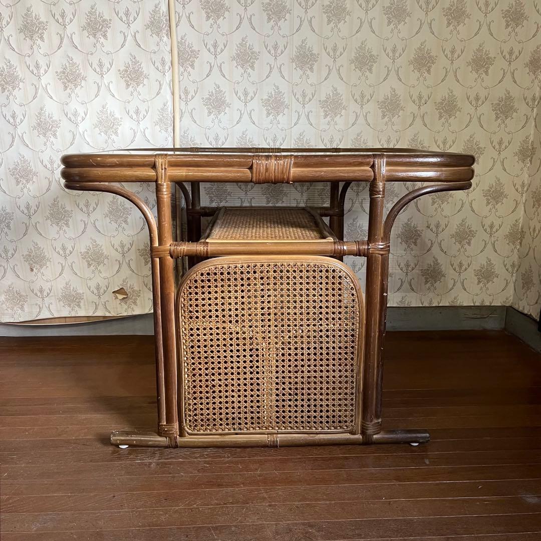 【アンティーク】籐 ラタン ガラステーブル ダイニングテーブル 古民家 古家具