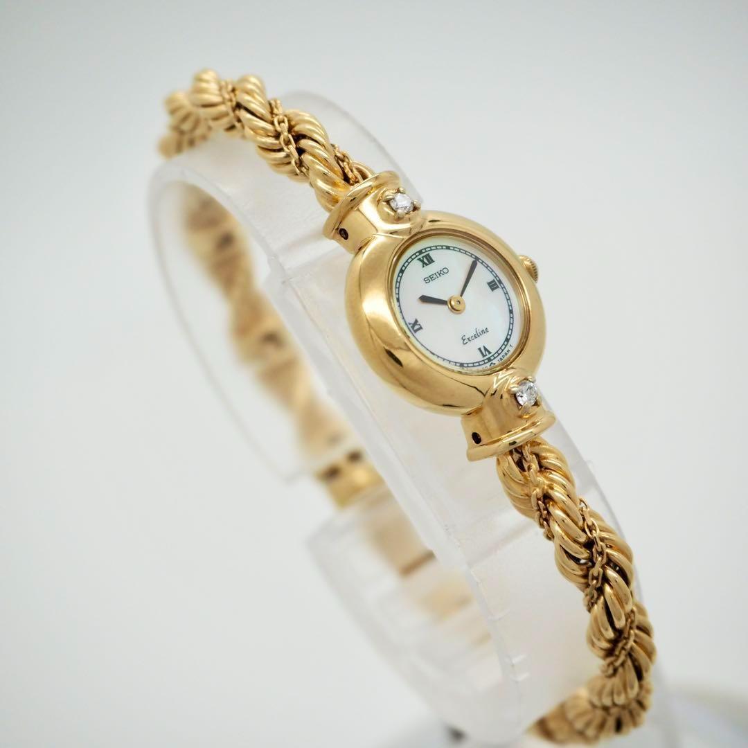 678【美品】SEIKO　時計　エクセリーヌ　レディース 2Pダイヤ　ゴールド