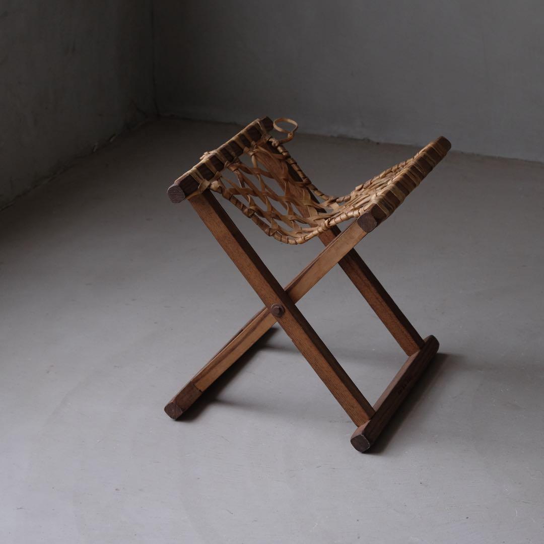 栓材 生革張りフォールディングスツール　折りたたみ椅子 古家具 ヴィンテージ