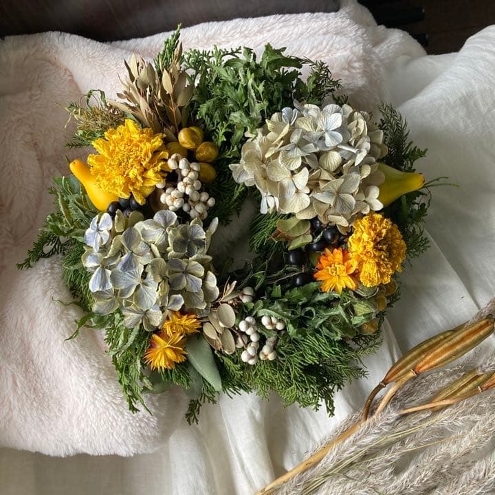 レモンイエロー　クリスマスリース　新春リース　グリーンリース　クリスマス