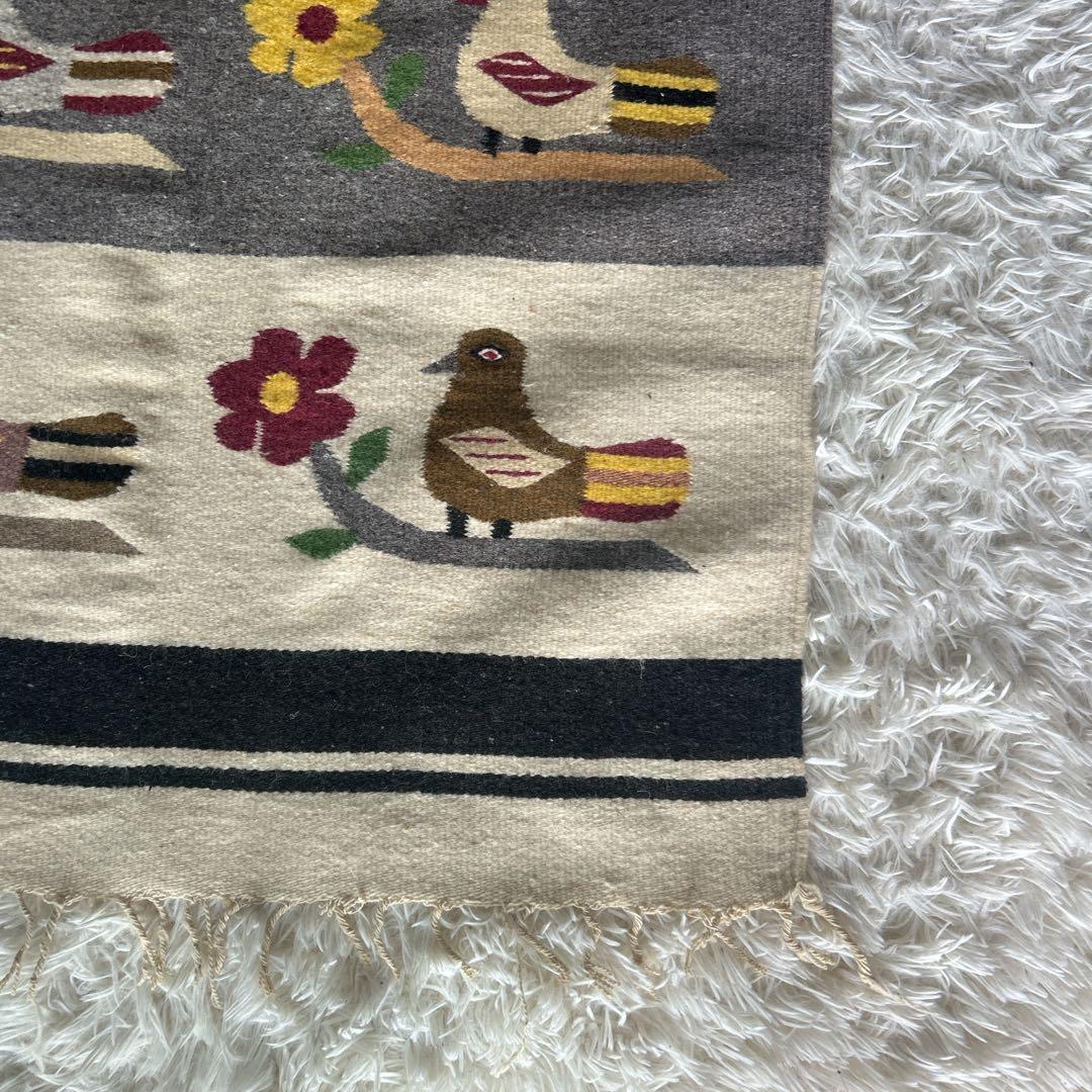 【希少品】ヴィンテージ　メキシカン ラグ マット　鳥柄　BIRD フリンジ付き