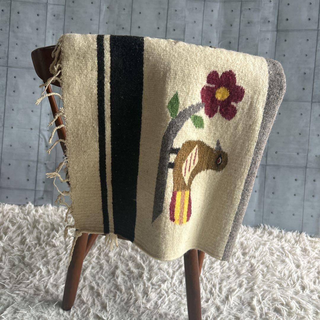 【希少品】ヴィンテージ　メキシカン ラグ マット　鳥柄　BIRD フリンジ付き