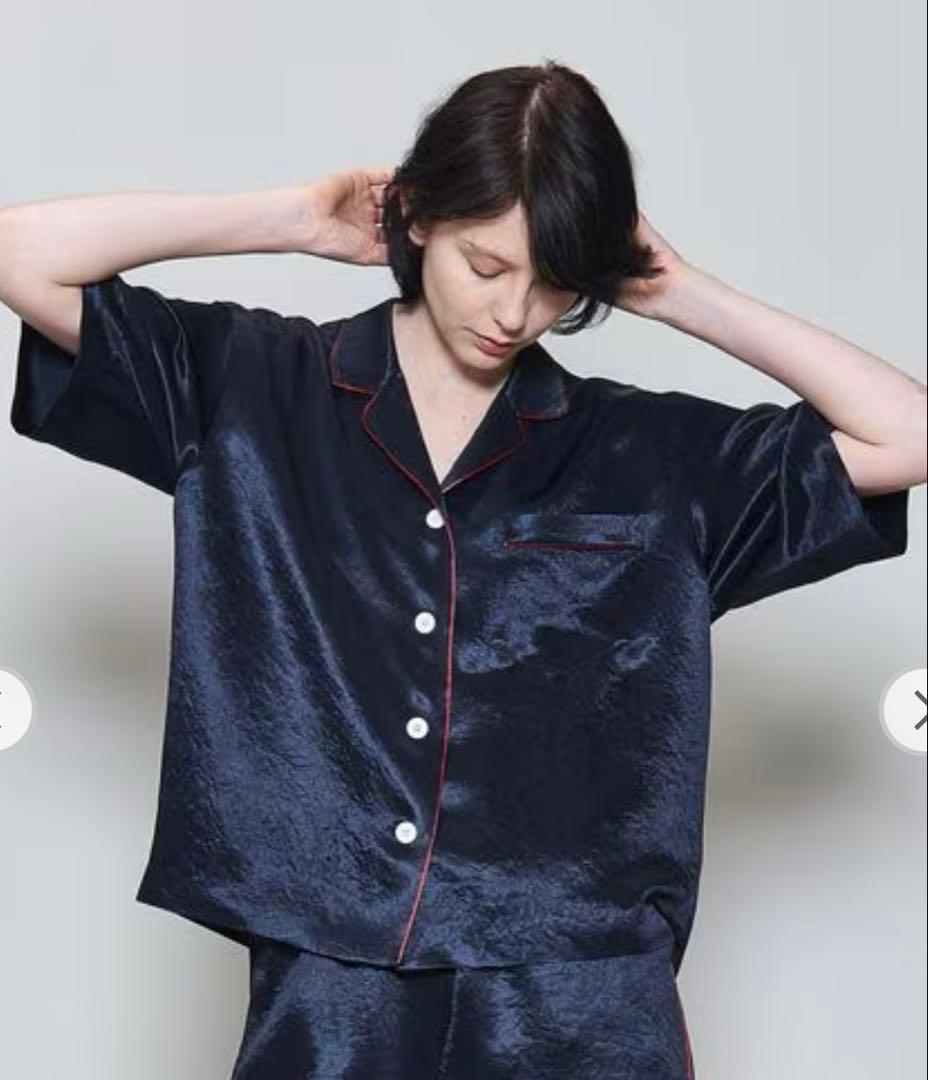 6(ROKU) パイピング オープンカラーシャツ　ネイビー　サテンシャツ　36