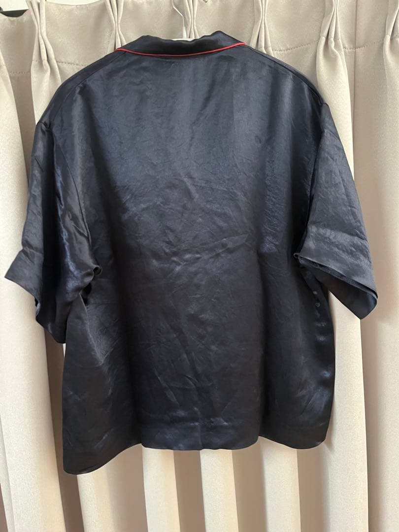 6(ROKU) パイピング オープンカラーシャツ　ネイビー　サテンシャツ　36