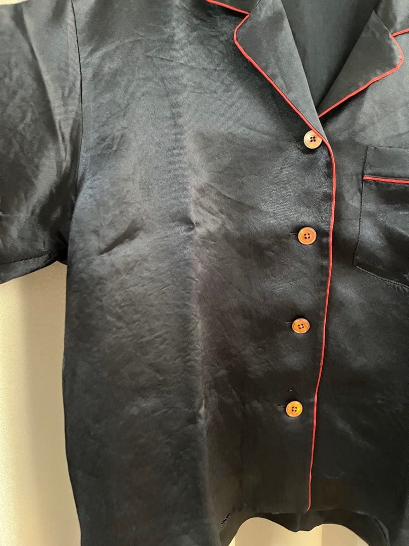 6(ROKU) パイピング オープンカラーシャツ　ネイビー　サテンシャツ　36