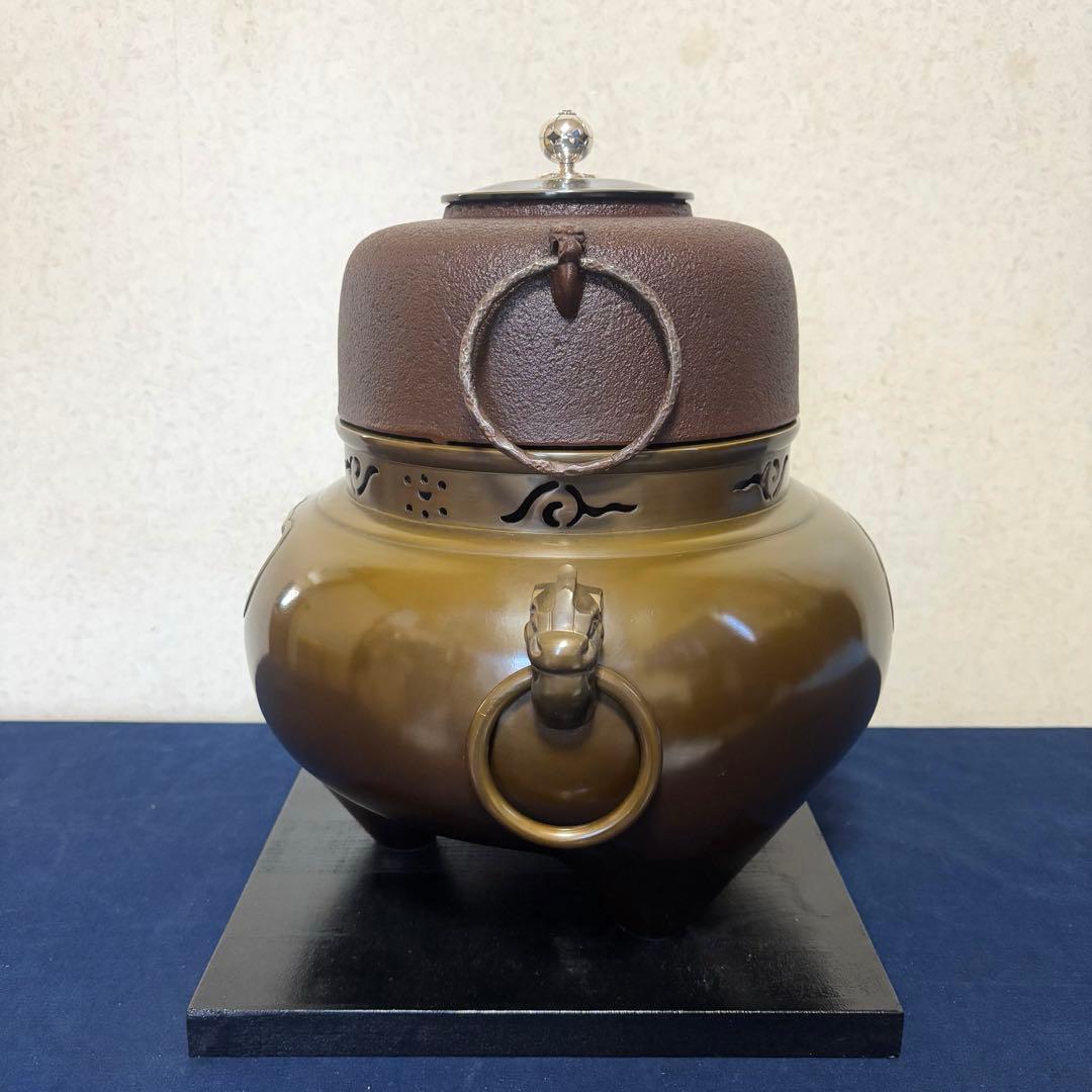 風炉 茶釜 電熱器 唐銅鬼面風炉釜 南鐐撮(銀摘)野々田製電熱器 敷板 底瓦