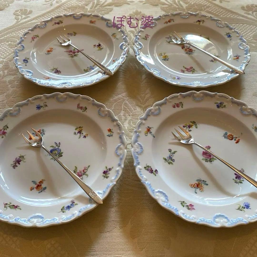 【古マイセン】花絵付け皿 プレート ４枚「ブルーシェル 青の貝／小花散らし」