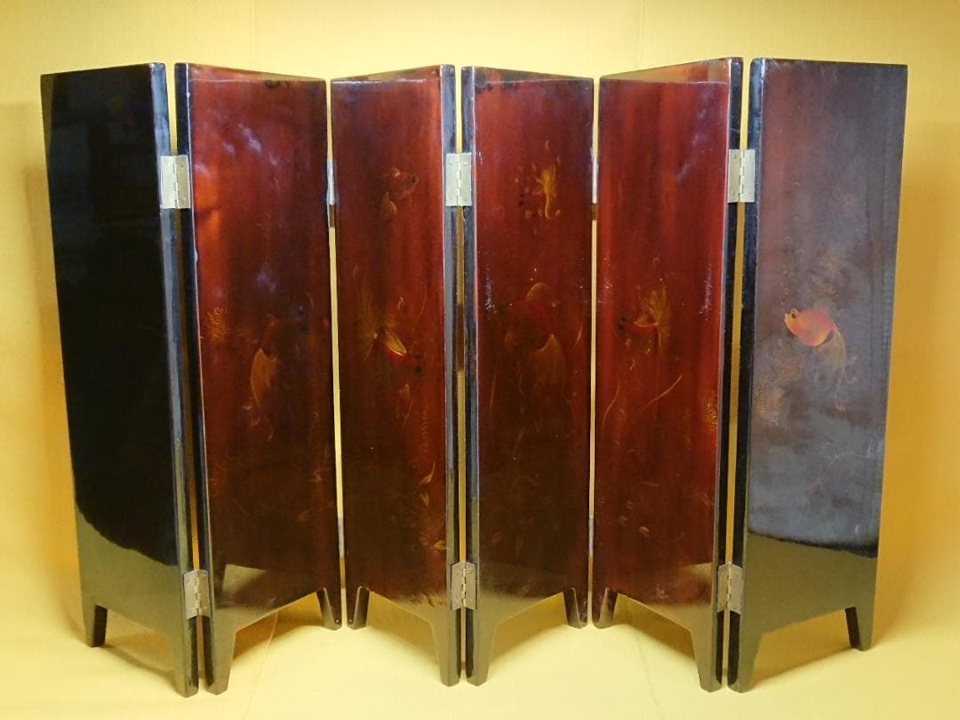 屏風　螺鈿細工　山水花鳥画　漆塗　置物　インテリア　工芸品　美術品　A2866
