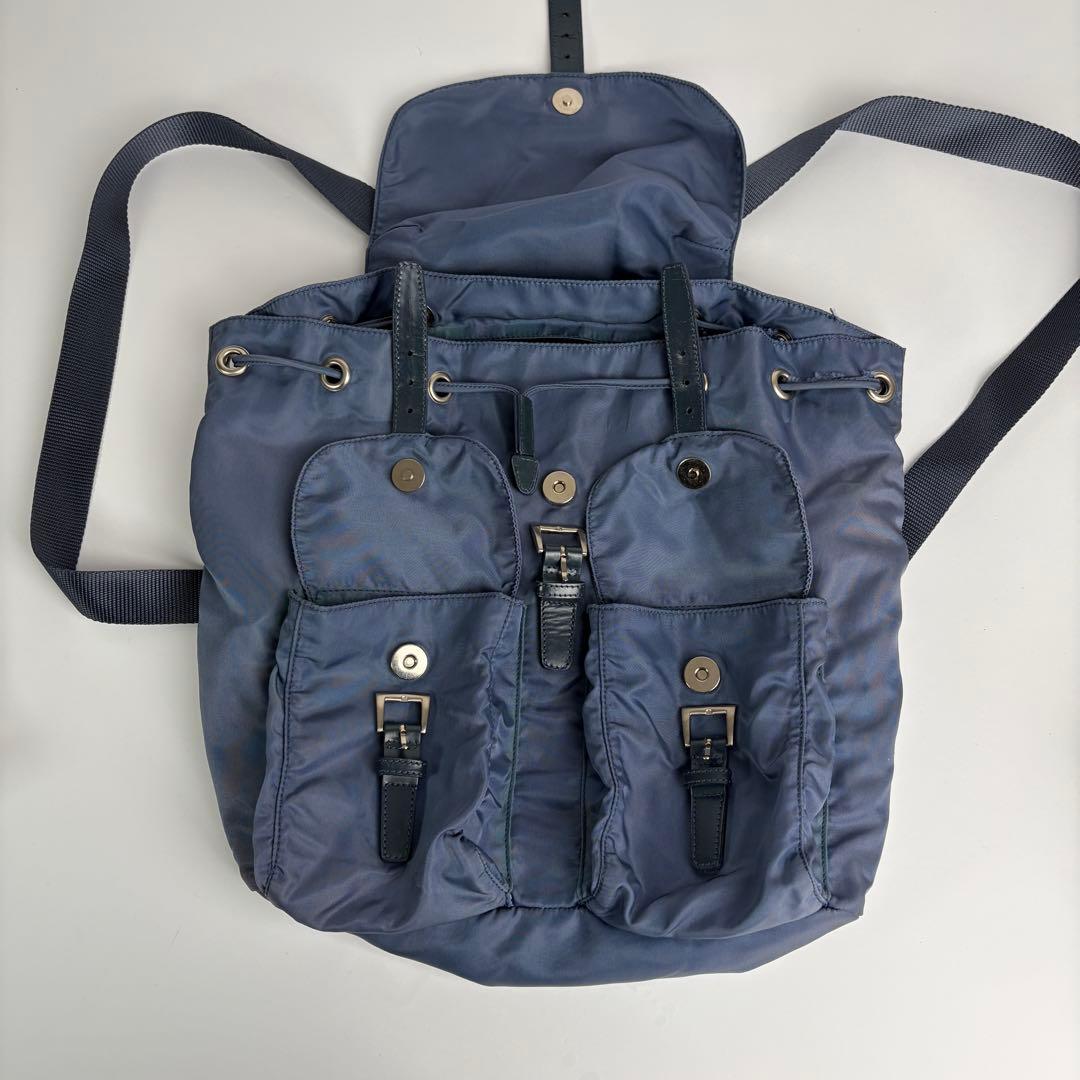 美品 PRADA プラダ リュック 三角ロゴプレート ナイロン レザー ブルー