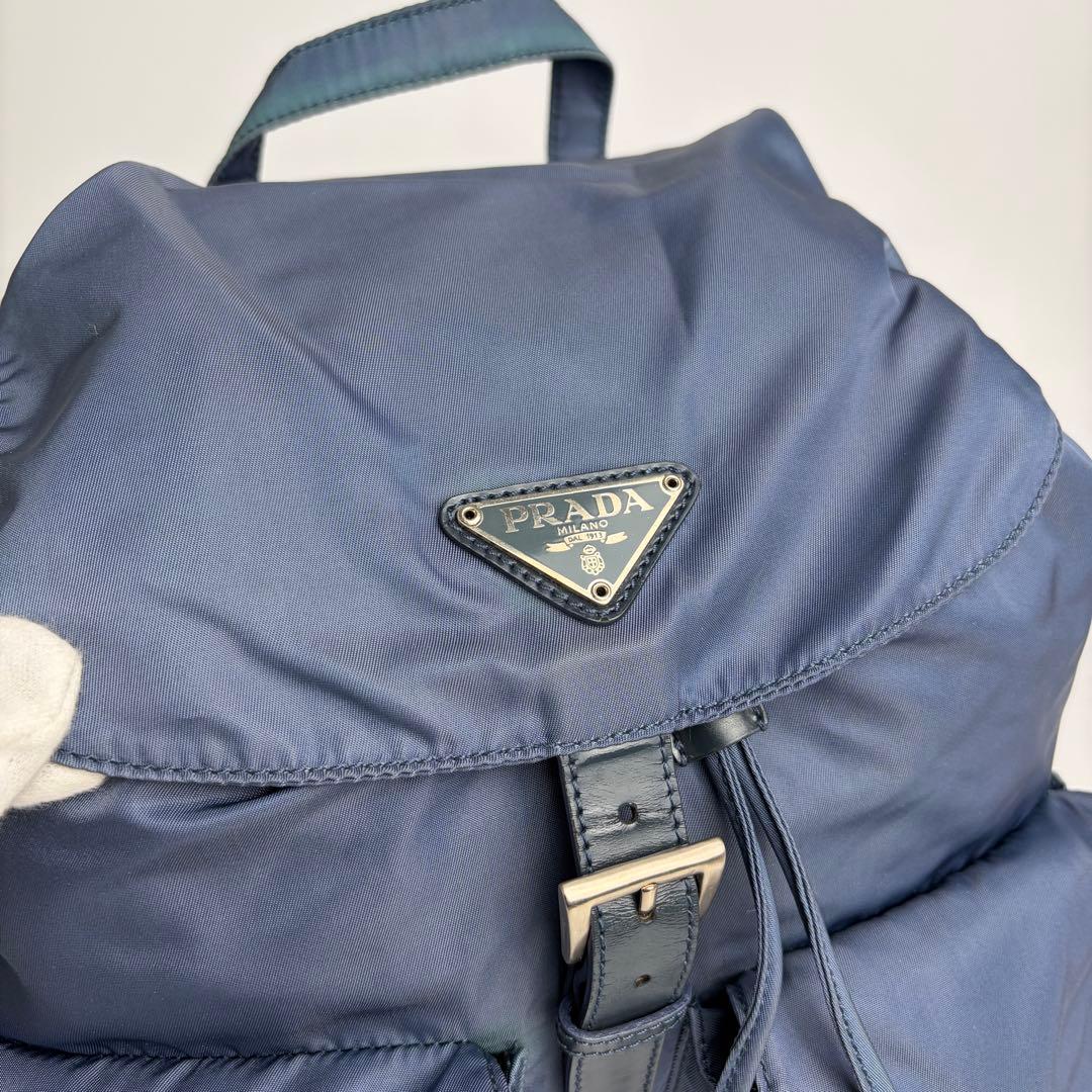 美品 PRADA プラダ リュック 三角ロゴプレート ナイロン レザー ブルー