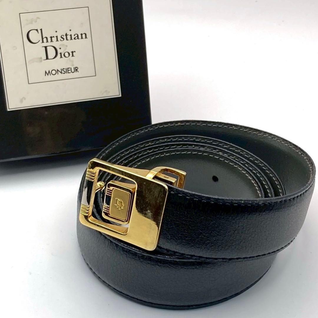 【美品】クリスチャンディオール　レザーベルト　ヴィンテージ　ロゴ金具　ブラック