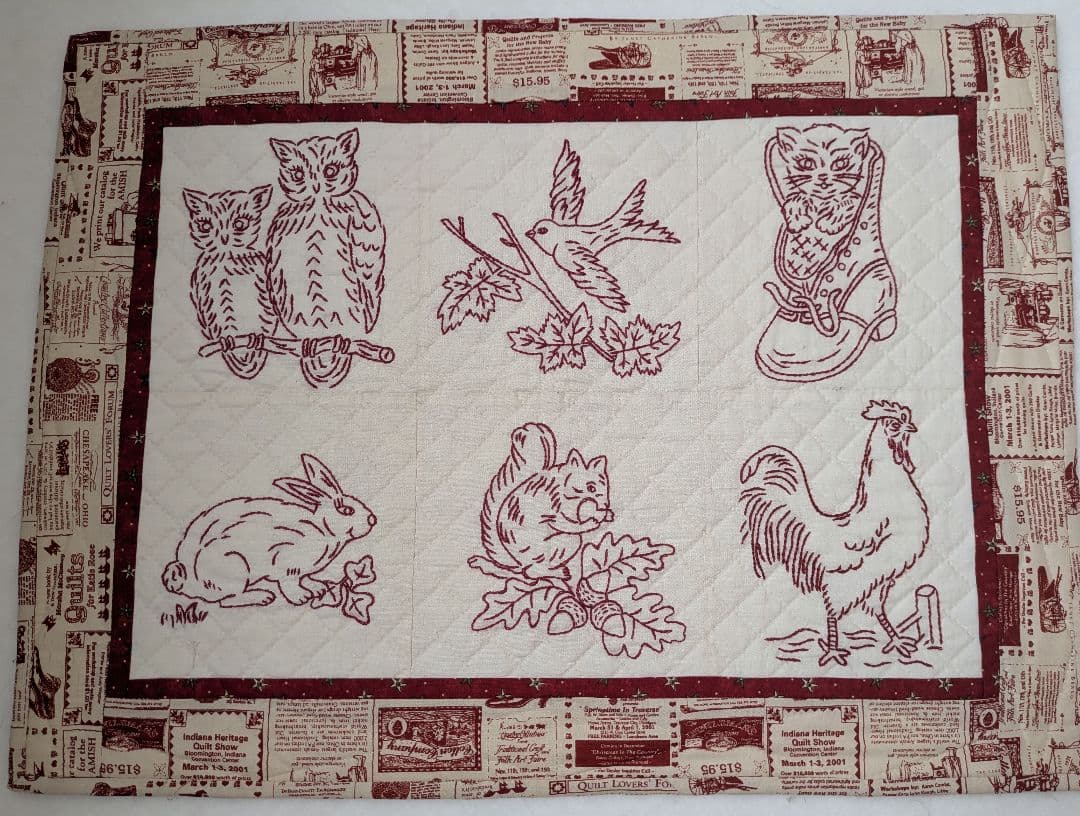 レッドワーク ハンドキルトタペストリー 58ｘ42