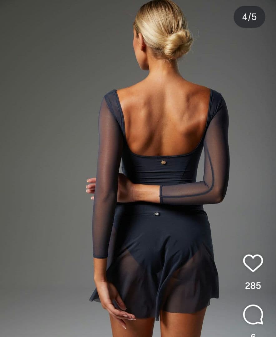 BODILE グレーネイビーのメッシュ、スクエアネック 長袖レオタード S/M