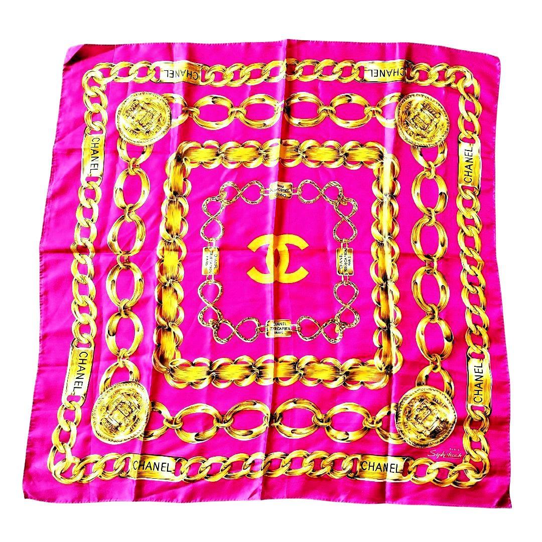 シャネル　大判スカーフ　シルク　ピンク ゴールドチェーン・ココマーク 88cm