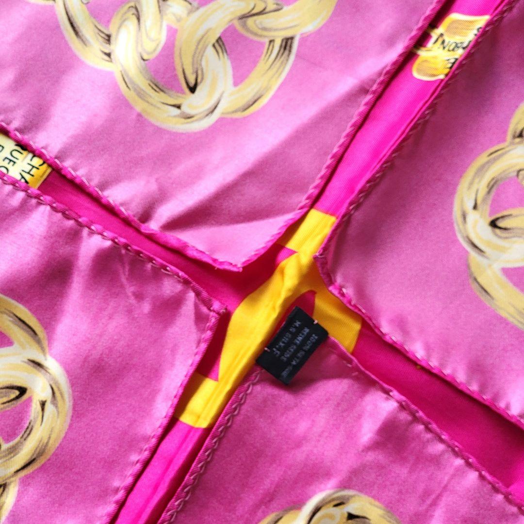 シャネル　大判スカーフ　シルク　ピンク ゴールドチェーン・ココマーク 88cm