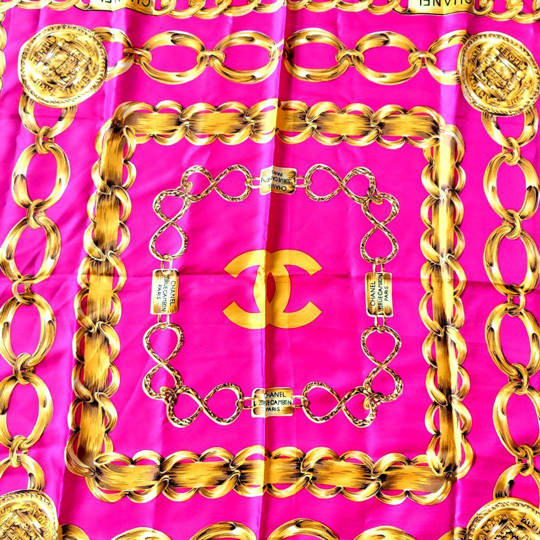シャネル　大判スカーフ　シルク　ピンク ゴールドチェーン・ココマーク 88cm