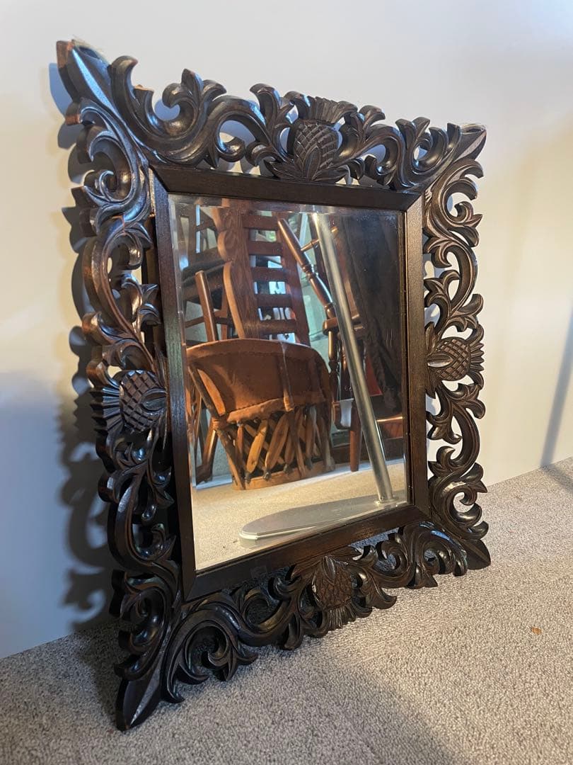 パイナップル 木彫装飾ミラー ヴィンテージ 壁掛け鏡 木製　当時物　昭和レトロ