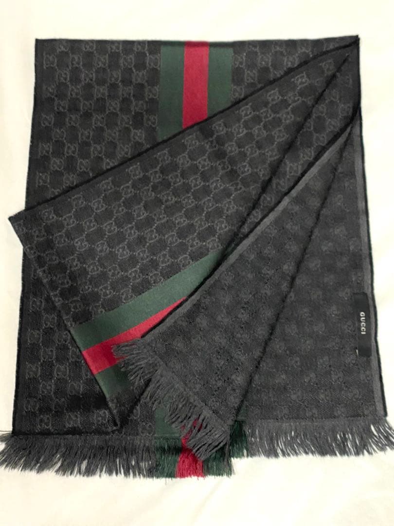 【王道】GUCCI GGパターン シルク混マフラー シェリーライン 黒 緑 赤