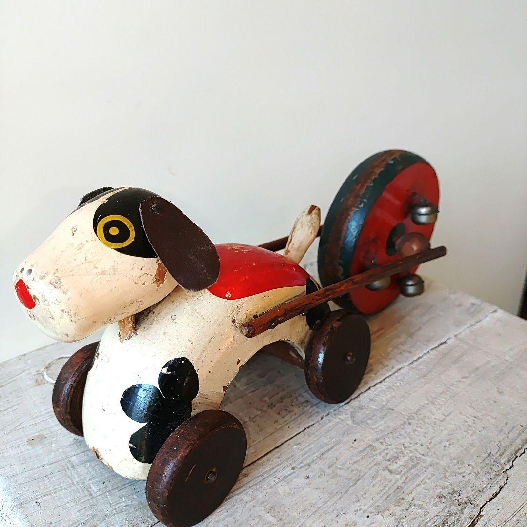 アンティーク木製犬型おもちゃ 鈴付き