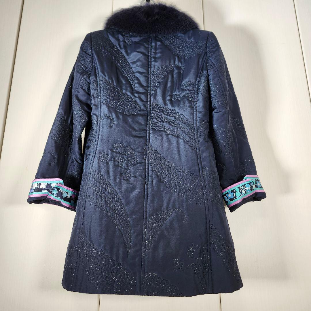 美品　レオナール 中綿　シルク100% ロングコート 襟 フォックスファー