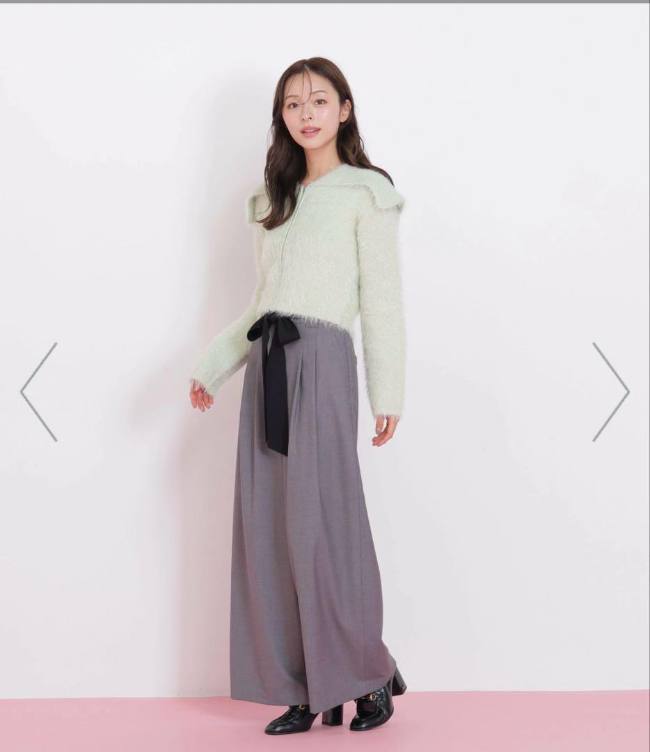 ラメフェザービッグカラーニットブルゾン グリーン