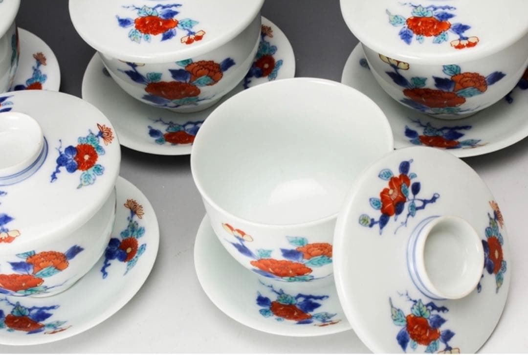 【極レア】十一代 今泉今右衛門 錦三方花絵蓋碗 五客