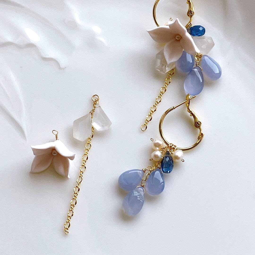 白妙◆ブルーカルセドニー×ブルームーンストーン×カイヤナイトピアス✧リリー