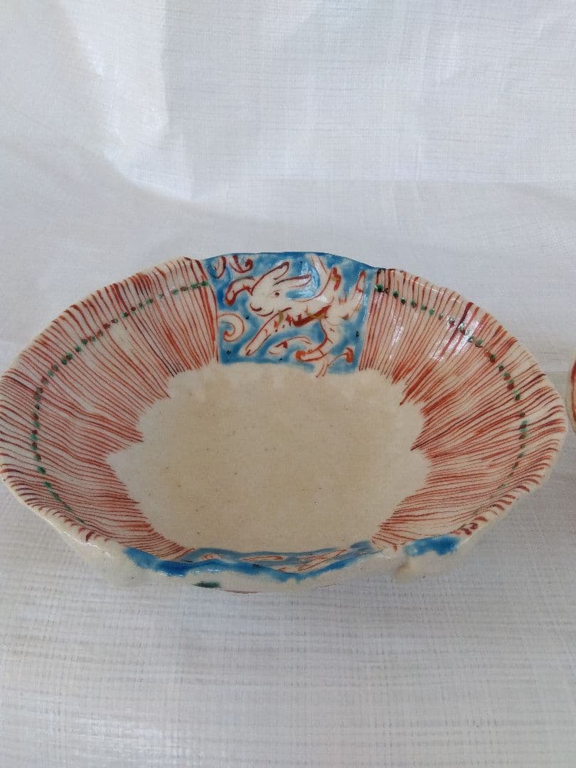 黒岩卓実作 赤絵装飾の浅鉢ひょう紋、中鉢、小鉢の２点