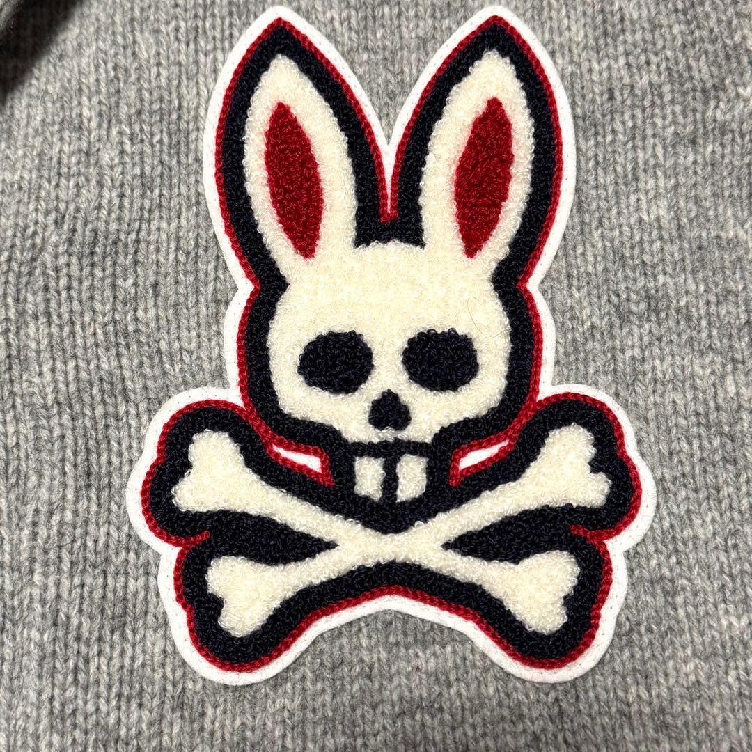 サイコバニー ウールニット ショールカラー ビッグワッペンロゴ くるみボタン L