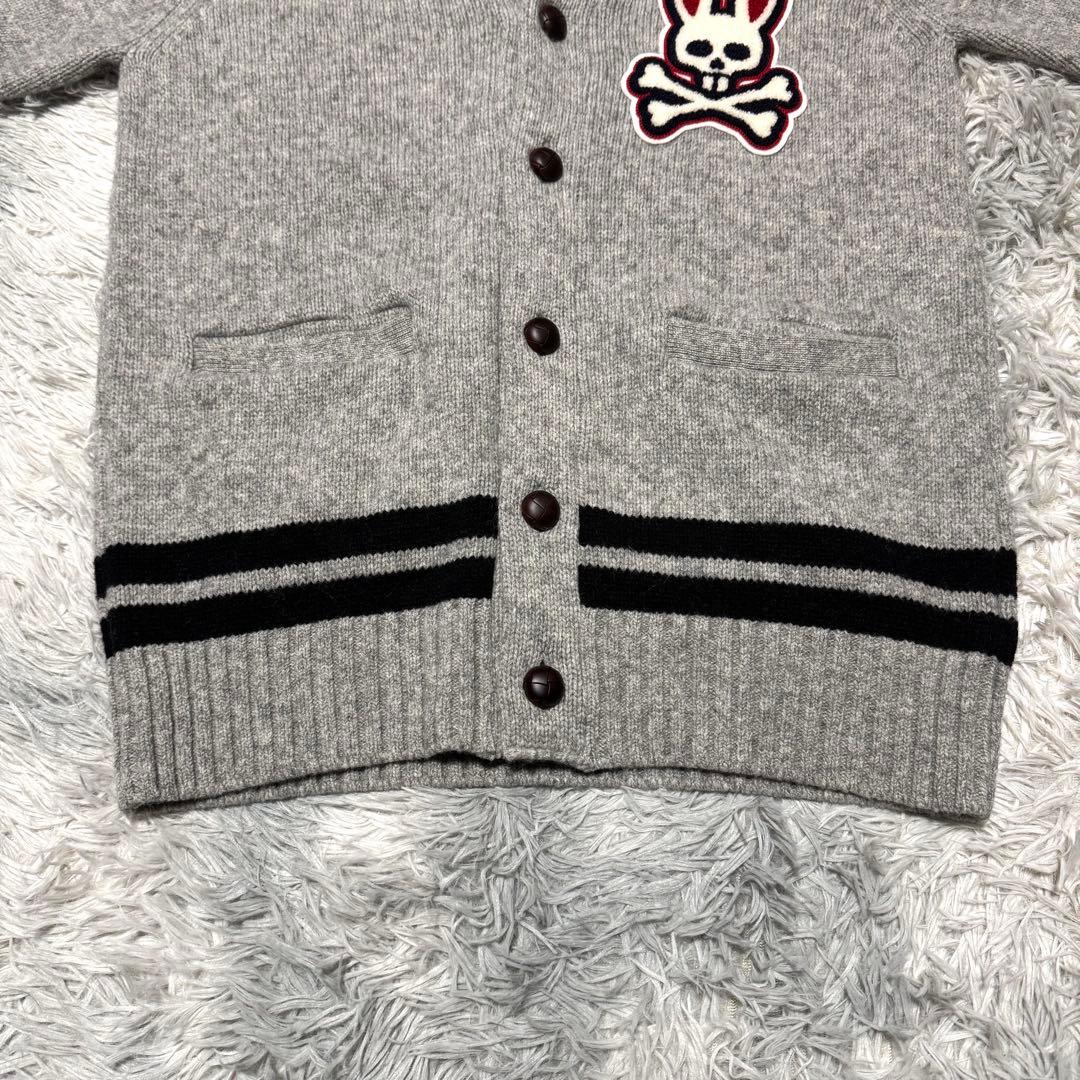 サイコバニー ウールニット ショールカラー ビッグワッペンロゴ くるみボタン L