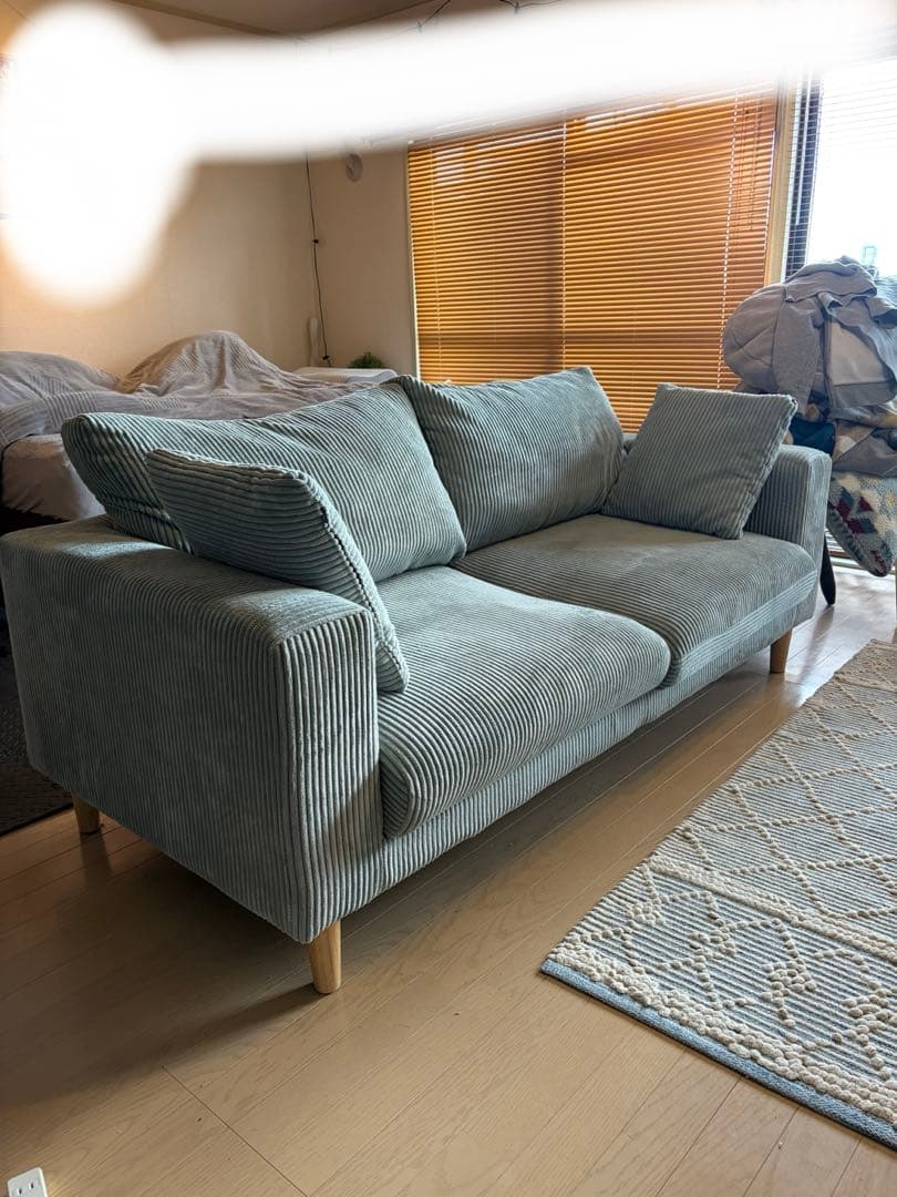 西海岸、北欧、南国、ハワイ系2人、3人掛けコーデュロイソファ希少水色　定価12万